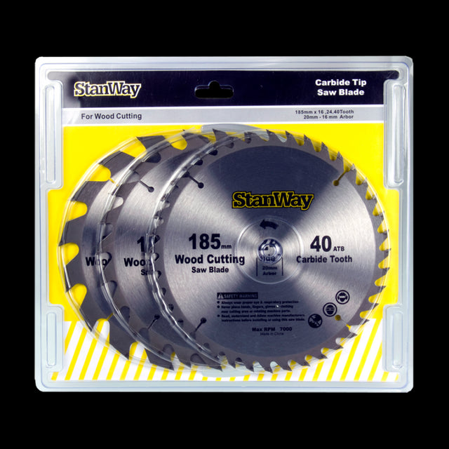 STANWAY 185mm Circular Saw Blade Set with tungsten carbide-tipped blades for precise wood cutting, compatible with various saws.