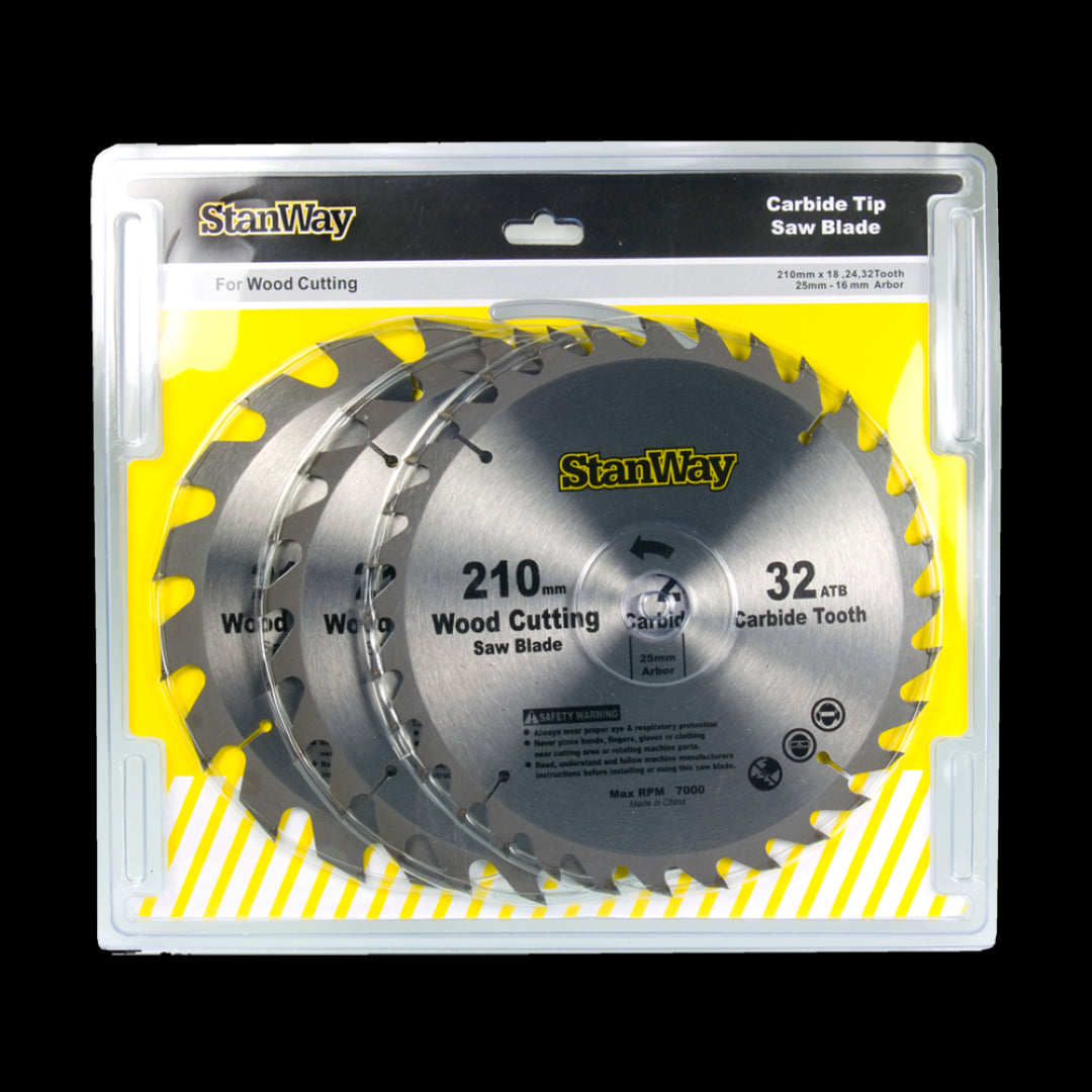 STANWAY 210mm Circular Saw Blade Set includes three blades for precision wood cutting, featuring durable tungsten carbide-tipped teeth.