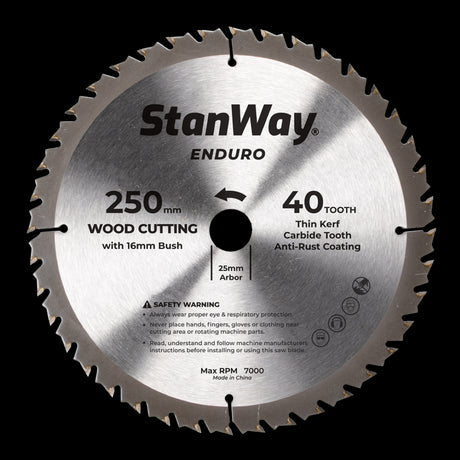 STANWAY 250mm Enduro Circular Saw Blade with tungsten carbide-tipped teeth for precise wood cutting and durability.