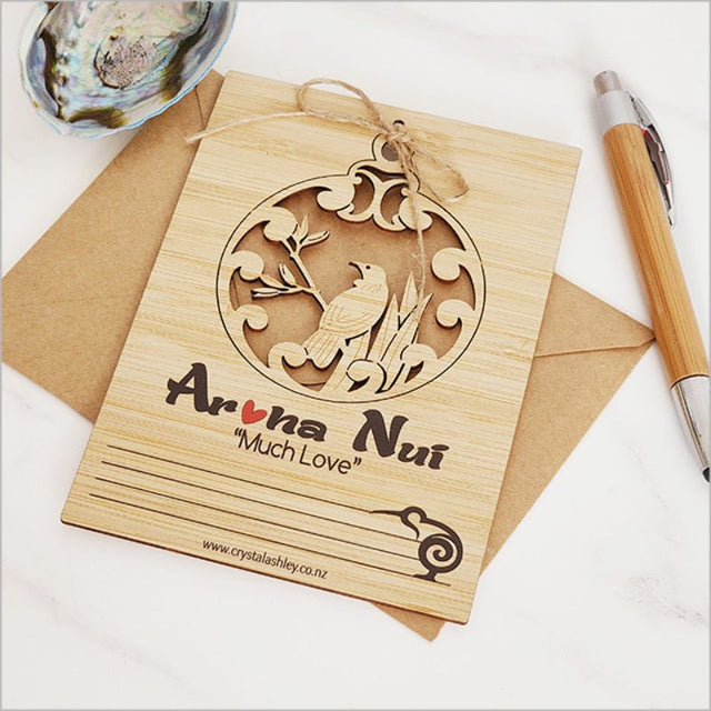 Eco-friendly bamboo postcard featuring Tui design, perfect for messages or as a decorative hanging piece.