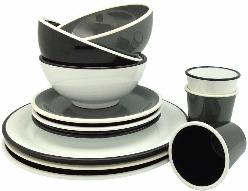 Set of 6 Jab Vintage Grey/White Rim Bowls, 15cm melamine with elegant design, perfect for dining and outdoor use.