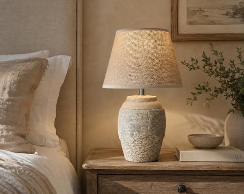 Antique Cream Ceramic Table Lamp with Hessian Shade 250x250x420