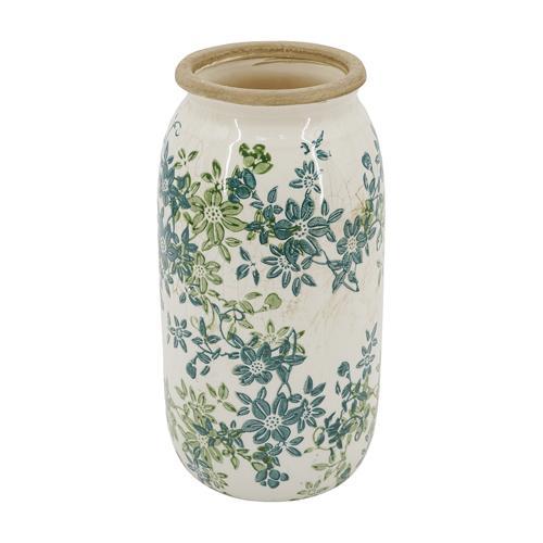 Ceramic Green & Blue Floral Vase 130x130x250