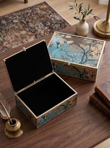 Floral Bird Glass Decorative Box Set of 2 - SE3136