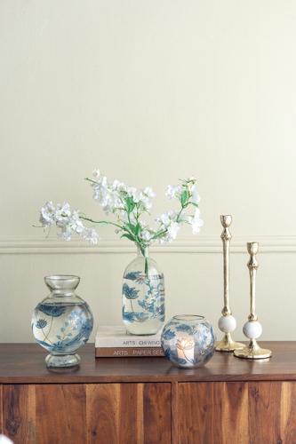 Blue Botanical Painted Glass Vase 140x140x125