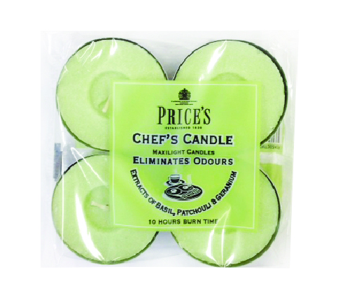 Tealight candles in 4-pack, 10-hour burn, infused with basil, patchouli, and geranium scents for a calming ambiance.