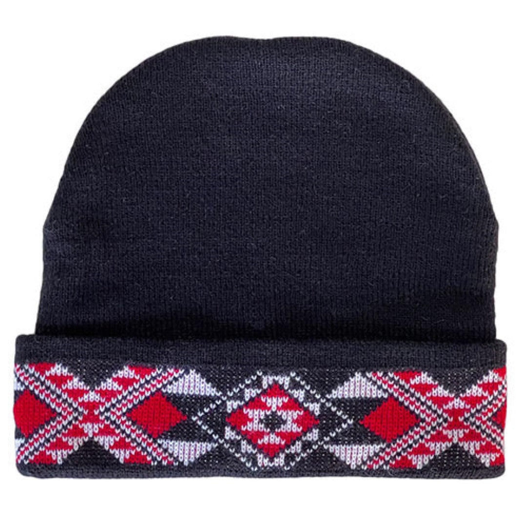 Handcrafted wool beanie featuring vibrant red taniko pattern, ideal for warmth and style in cold weather.