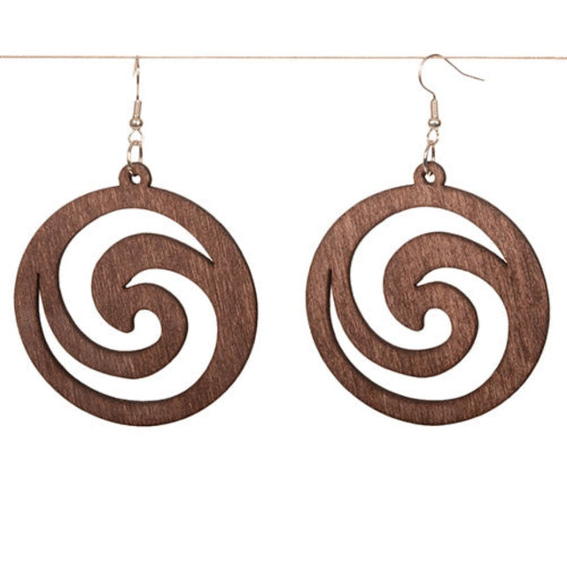 Elegant Swirl Earrings featuring a unique spiral design, handcrafted from wood with a 5.5cm diameter and 70mm drop length.