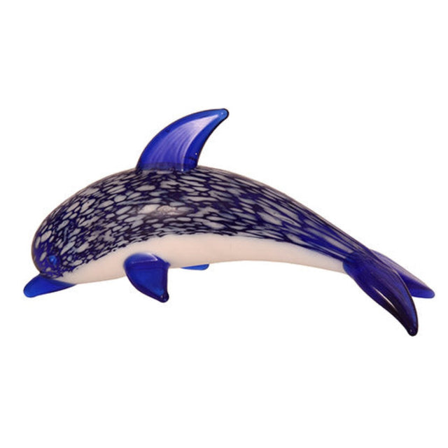 Hand blown glass dolphin ornament, 8 x 4 cm, featuring vibrant colors and intricate details, perfect for ocean-themed decor.