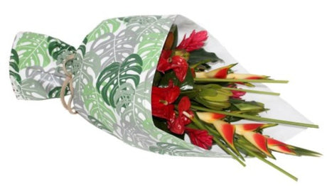 Waterproof Euro wrap sheets featuring vibrant tropical leaves, perfect for floral arrangements and gift wrapping.
