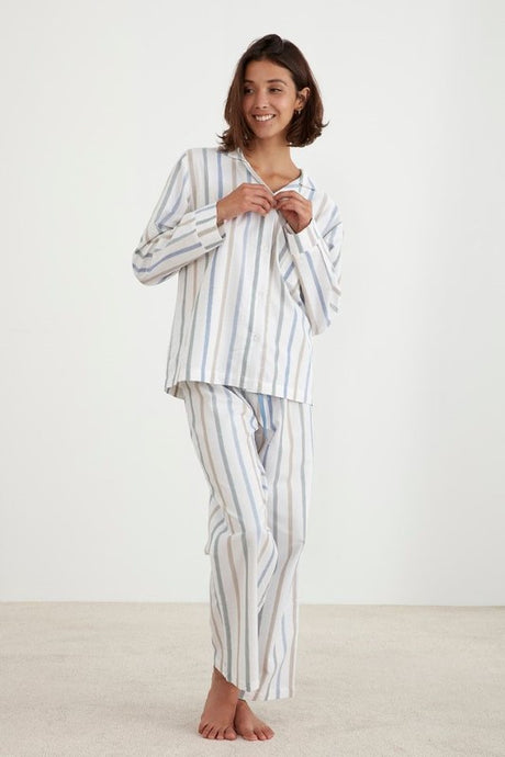 Luxury cotton PJ set featuring multi-color stripes, long sleeve top, elasticated pants, ethically made in Turkey.