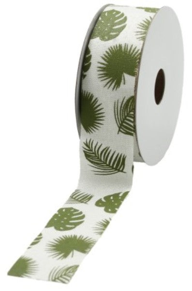 White jute ribbon featuring a vibrant green tropical leaf pattern, measuring 38mm x 10m, perfect for natural-themed crafts.
