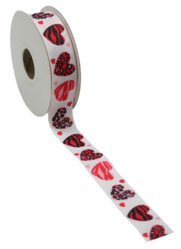 Brightly printed grosgrain ribbon featuring charming hearts, 2.5cm wide and 20m long, ideal for crafting and DIY projects.
