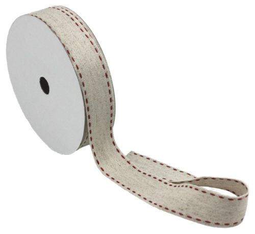 Organic muslin ribbon in red dash, 25mm x 20m, perfect for eco-friendly crafting and decorating projects.
