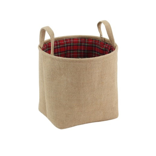 Small Round Jute Bag with Handles and Red Tartan Lining