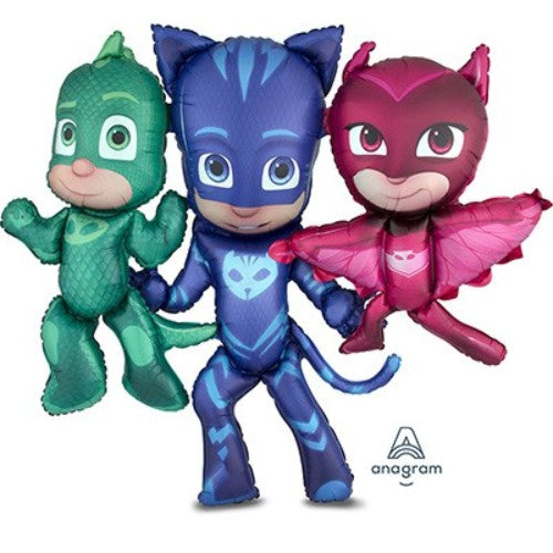 Colorful PJ Masks Airwalker foil balloon, 144cm x 127cm, self-sealing, requires helium inflation.