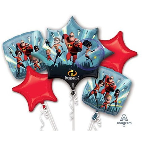 Incredibles 2 balloon bouquet with 1 super shape and 4 vibrant foil balloons for festive celebrations.