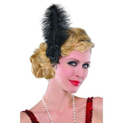 Elegant black feather hairclip with jewels, perfect for vintage-themed events and glamorous hairstyles.