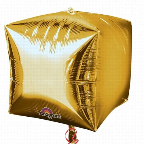 Pack of 3 luxurious gold foil Shape Cubez balloons, 38cm x 38cm, perfect for elegant celebrations and event décor.