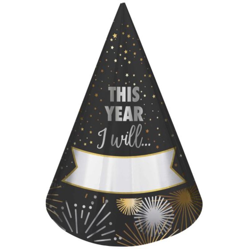 Pack of 8 stylish New Year's Eve cone hats with fill-in space for personal resolutions and festive foil accents.