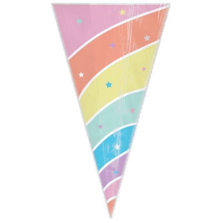 Colorful horn-shaped cello treat bags, perfect for birthday parties, pack of 15, 28cm x 15cm size.