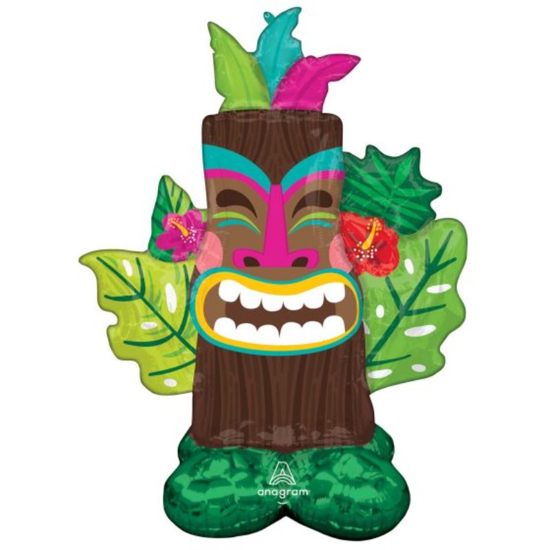 Vibrant 101cm x 134cm Tiki Head balloon, perfect for tropical parties, easy to inflate with straw and strap.