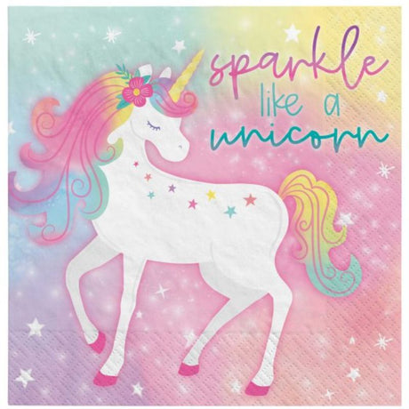 Colorful pack of 16 enchanted unicorn lunch napkins, perfect for whimsical kids' parties and celebrations.