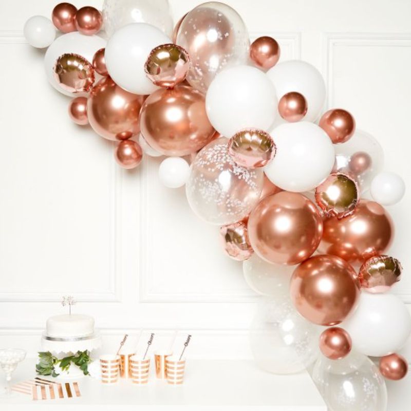Rose gold balloon garland kit with 66 assorted balloons, including confetti and foil, perfect for celebrations.