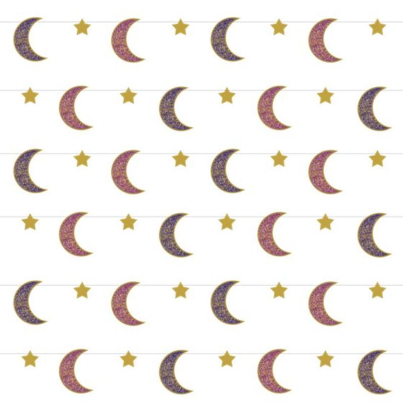Pack of 6 Opulent Eid Hanging String Decorations, 2.13m long, colorful cardboard designs for elegant festive decor.