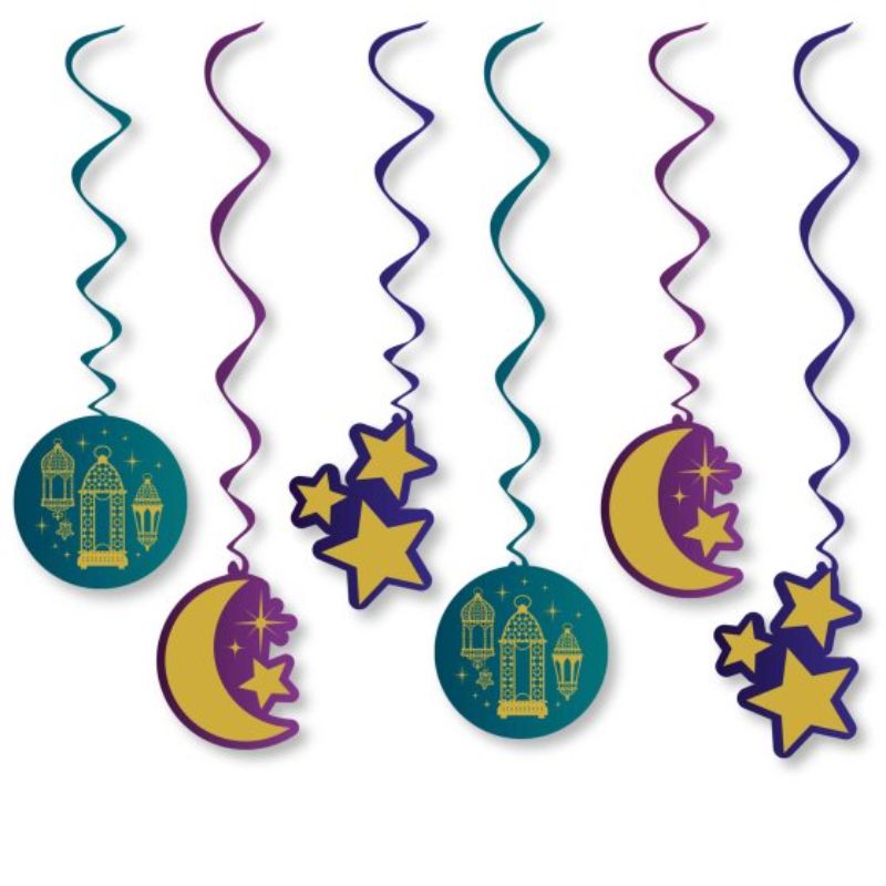 Colorful Opulent Eid Hanging Swirl Decorations in a pack of 12, perfect for festive indoor and outdoor celebrations.