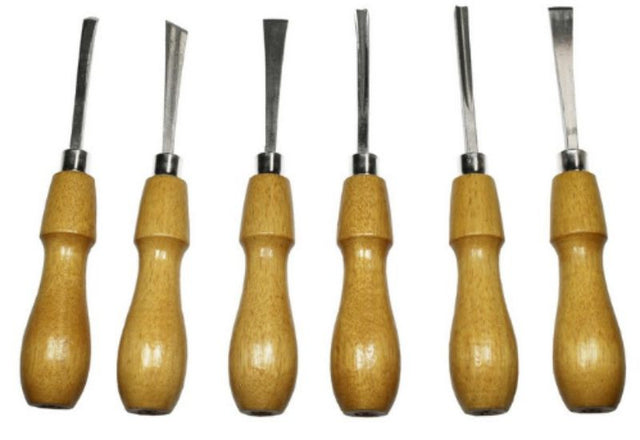 Excel Gouging Tools 6 Pack with ergonomic wood handles for versatile wood carving, includes various chisel shapes and vinyl case.