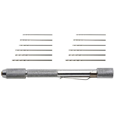 Excel Pin Vise with 12 drill bits, featuring an anodized aluminum handle and self-centering chuck for precision tasks.
