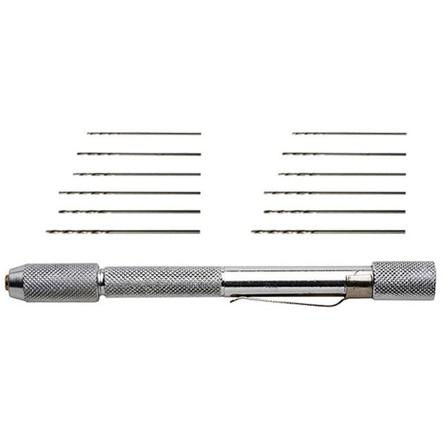 Excel Pin Vise with 12 drill bits, featuring an anodized aluminum handle and self-centering chuck for precision tasks.