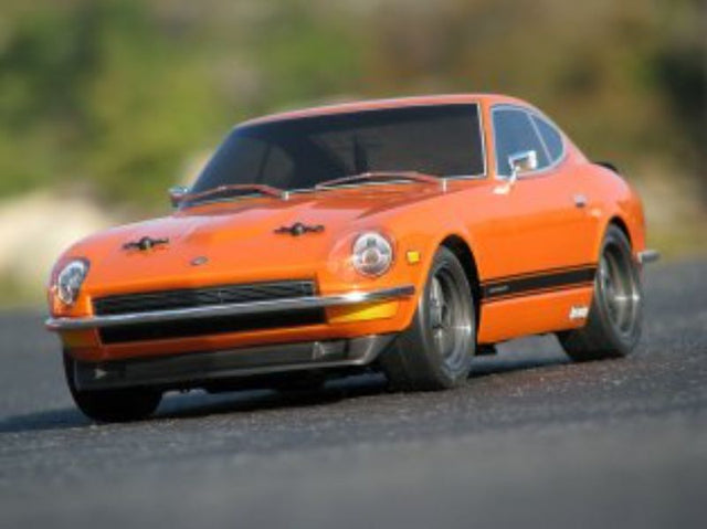 Racing DATSUN 240Z RC car body in polycarbonate with detailed decals, designed for 1/10 scale cars like HPI Cup Racer.