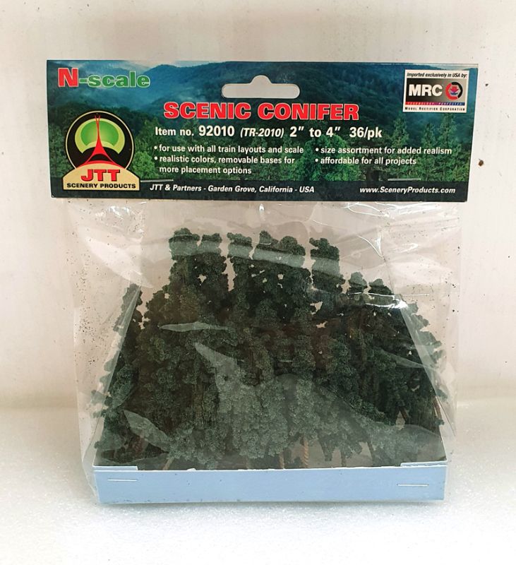 Bulk pack of 36 scenic conifer trees, 50.8mm to 101.6mm tall, ideal for model landscapes.