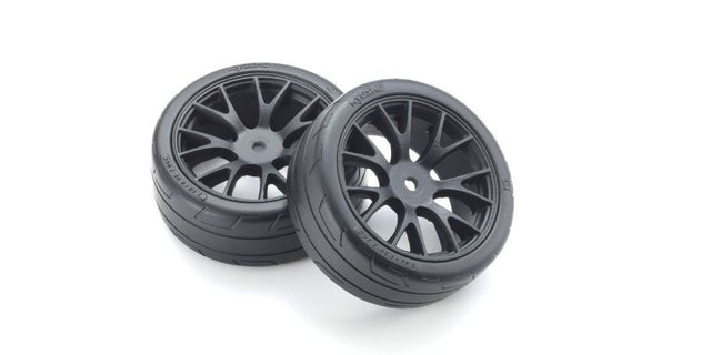 Kyosho pre-mounted medium tires for TC FZ02, offering grip and stability for optimal performance in RC racing.