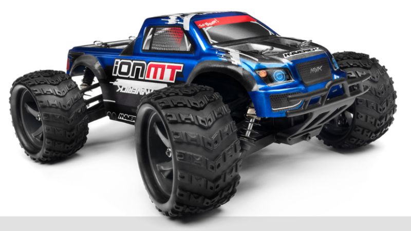 1/18 Ion MT Monster RC car, electric 4WD monster truck with powerful motor, waterproof receiver, and vibrant bodyshell design.