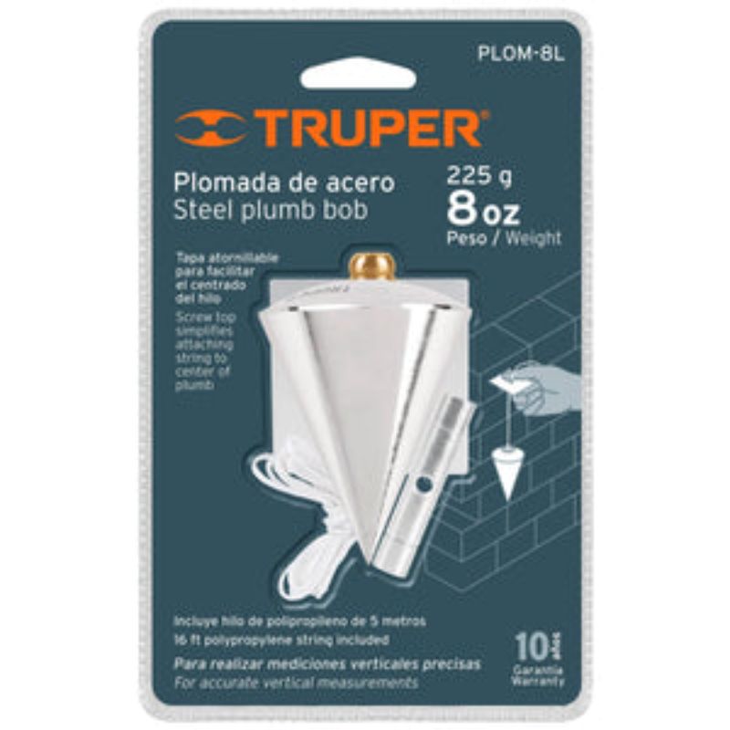 Truper 226g steel plumb bob for precision leveling and hanging in construction and DIY projects.