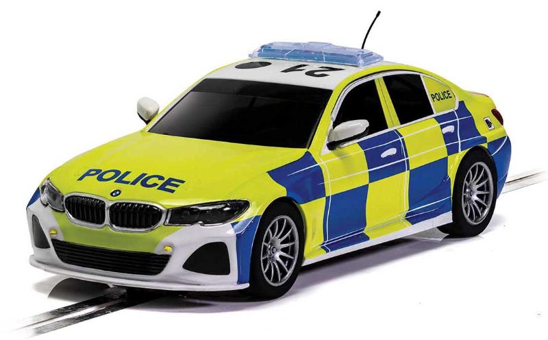 Scalextric Police BMW M Sport slot car with working lights and sound, designed for thrilling racing action.