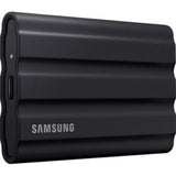 Samsung T7 Shield 4TB Portable SSD in black, rugged design with IP65 rating, fast USB 3.2 Gen 2 speeds for secure storage.