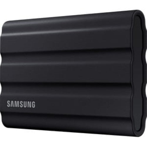 Samsung T7 Shield 4TB Portable SSD in black, boasting IP65 ruggedness, 1050 MB/s read speeds, ideal for on-the-go data storage.