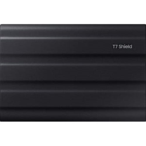 Samsung T7 Shield 4TB Portable SSD in black, offering rugged IP65 protection and fast 1050 MB/s transfer speeds.