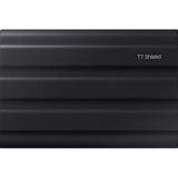 Samsung T7 Shield 4TB Portable SSD in black, offering rugged IP65 protection and fast 1050 MB/s transfer speeds.