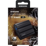 Samsung T7 Shield 4TB Portable SSD in black, IP65 rugged, fast USB 3.2 connectivity, ideal for professionals and creatives.