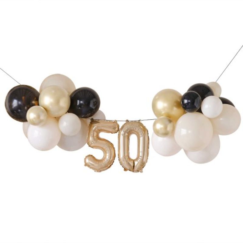 Elegant champagne noir balloon bunting for 50th birthday celebrations, perfect for indoor and outdoor decor.