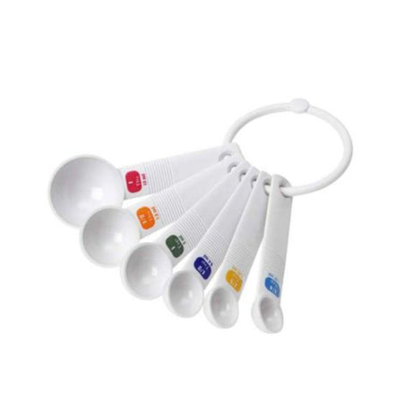 Set of 6 vibrant plastic measuring spoons with clear metric and standard markings, ideal for precise cooking and baking.