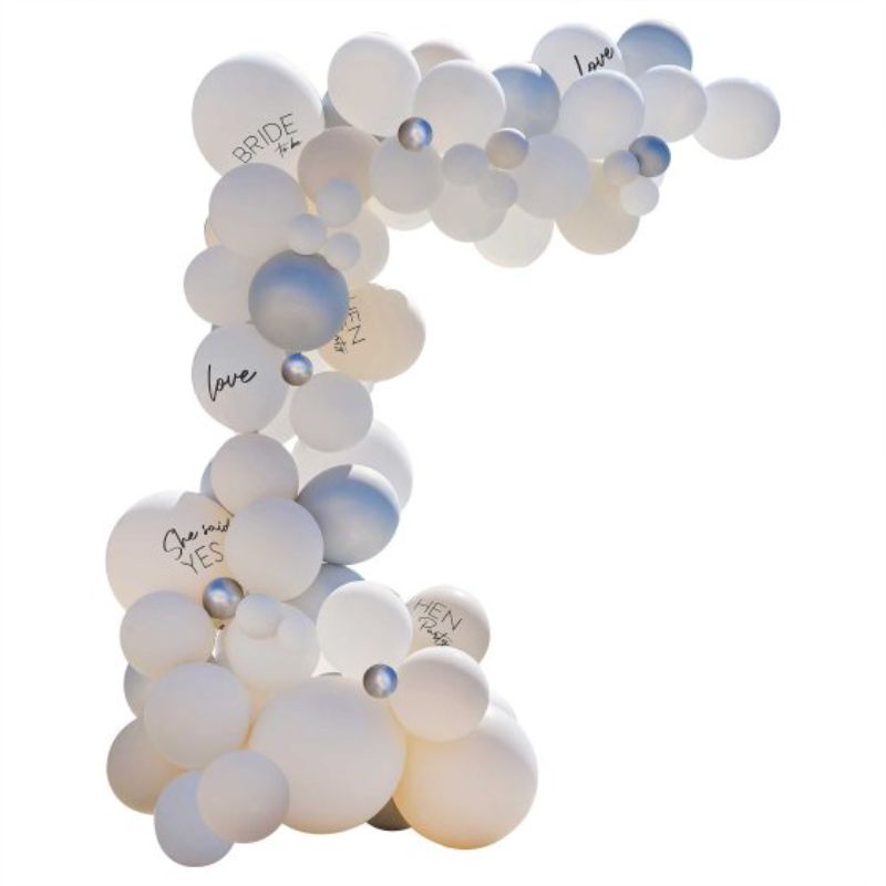 Elegant white and silver balloon arch kit for hen parties, includes 75 balloons for a stunning celebration backdrop.