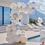 Elegant white and silver balloon arch kit for hen parties, featuring 75 balloons for a festive atmosphere.