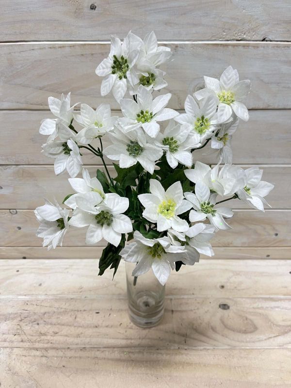 Artificial Poinsettia Bush with Glitter - Small (White)