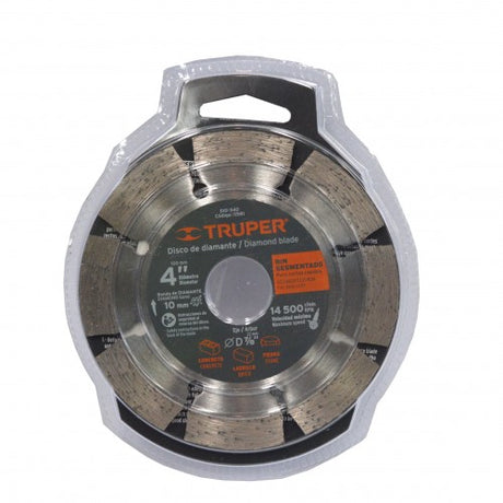 Truper Diamond Segmented Rim Blade, 100mm x 22mm, designed for efficient cutting of concrete, brick, and stone.